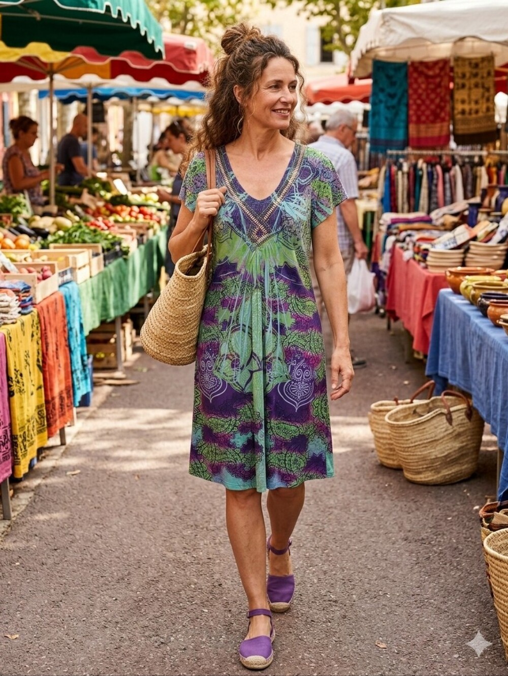 Unity World Wear Green & Purple V-Neck Midi Dress with Embellished Neckline